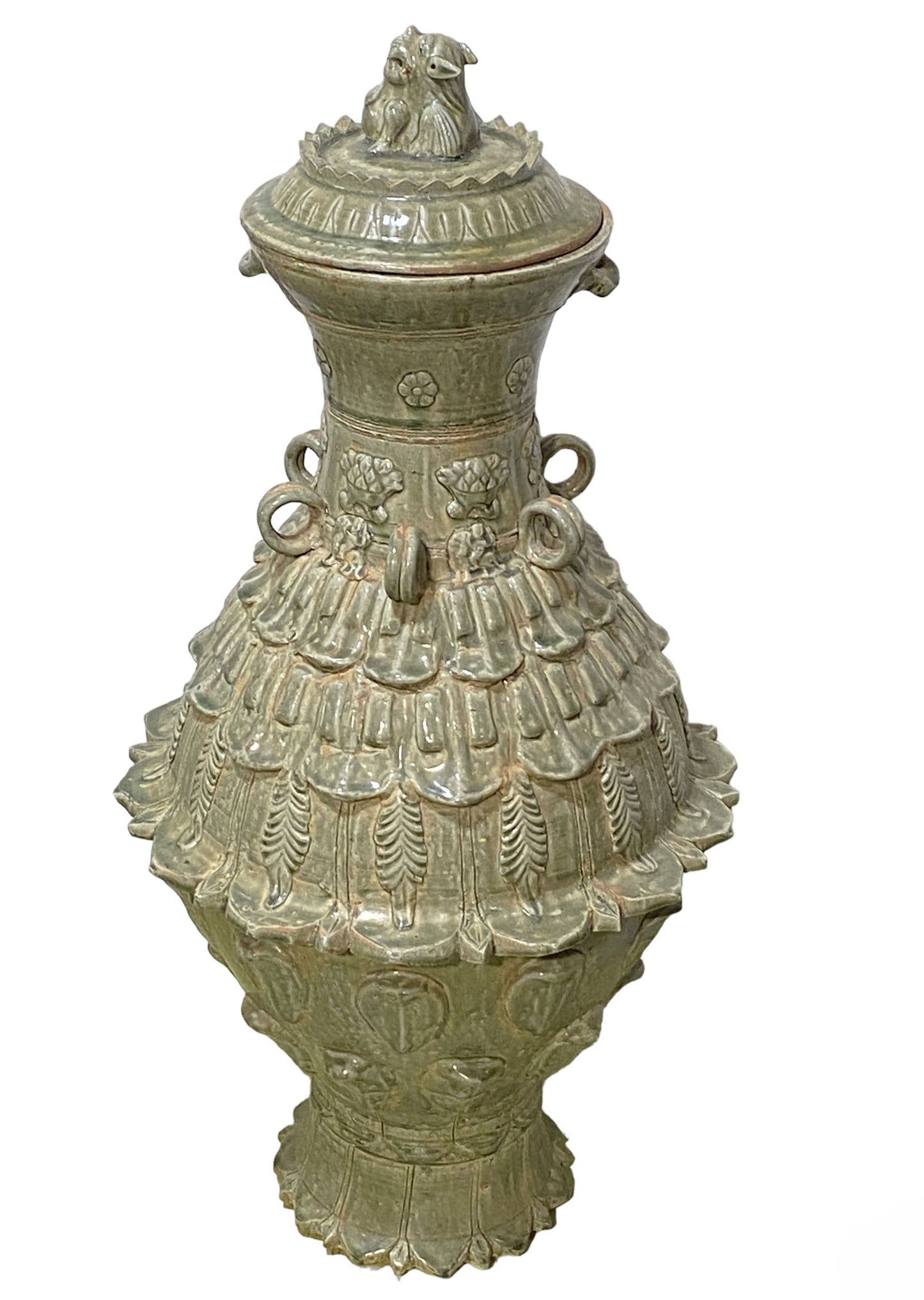 Large Chinoiserie Tang-Style Lotus Celadon Lidded Jar 36"H