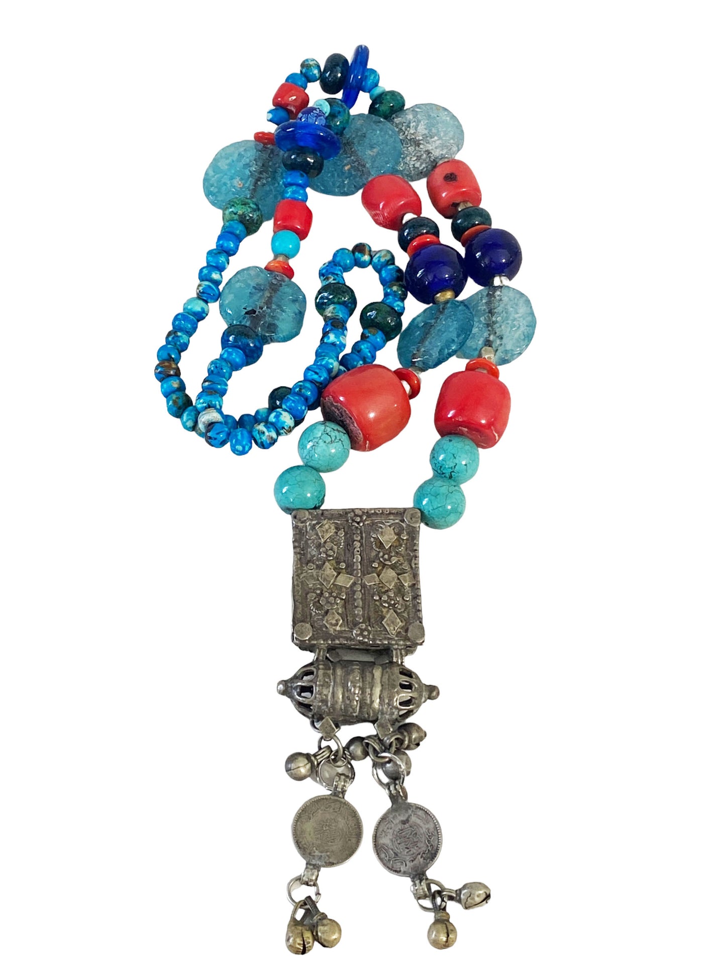 #5708 Tribal Afghan Necklace W/Coral wall Hanging 22.5" H