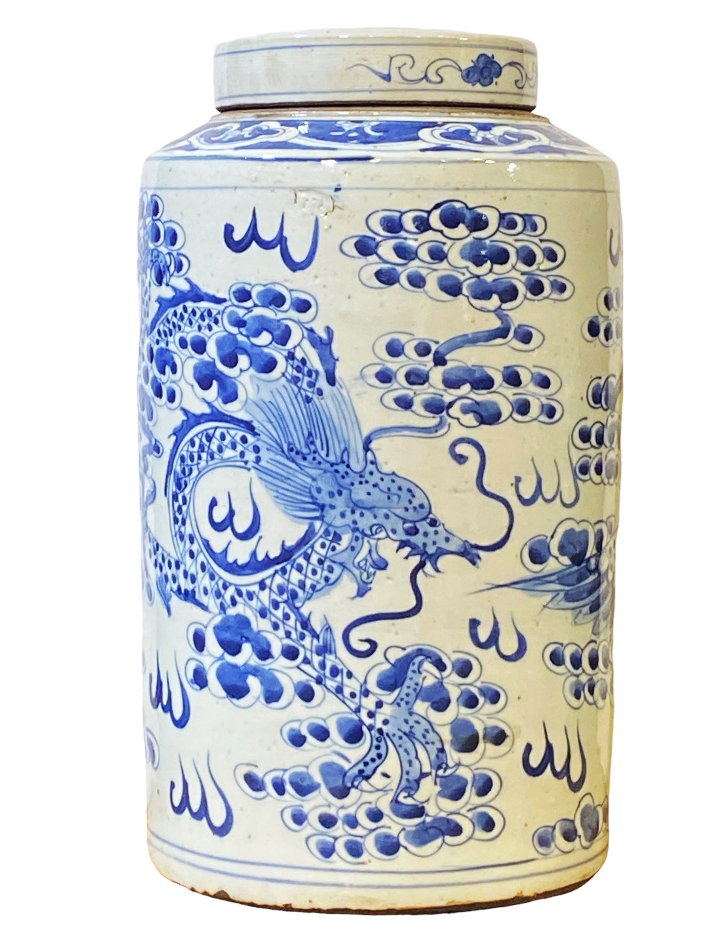 #3686 Chinoiserie Porcelain Blue and White Covered Dragon and Phoenix Ginger Jar 17"H