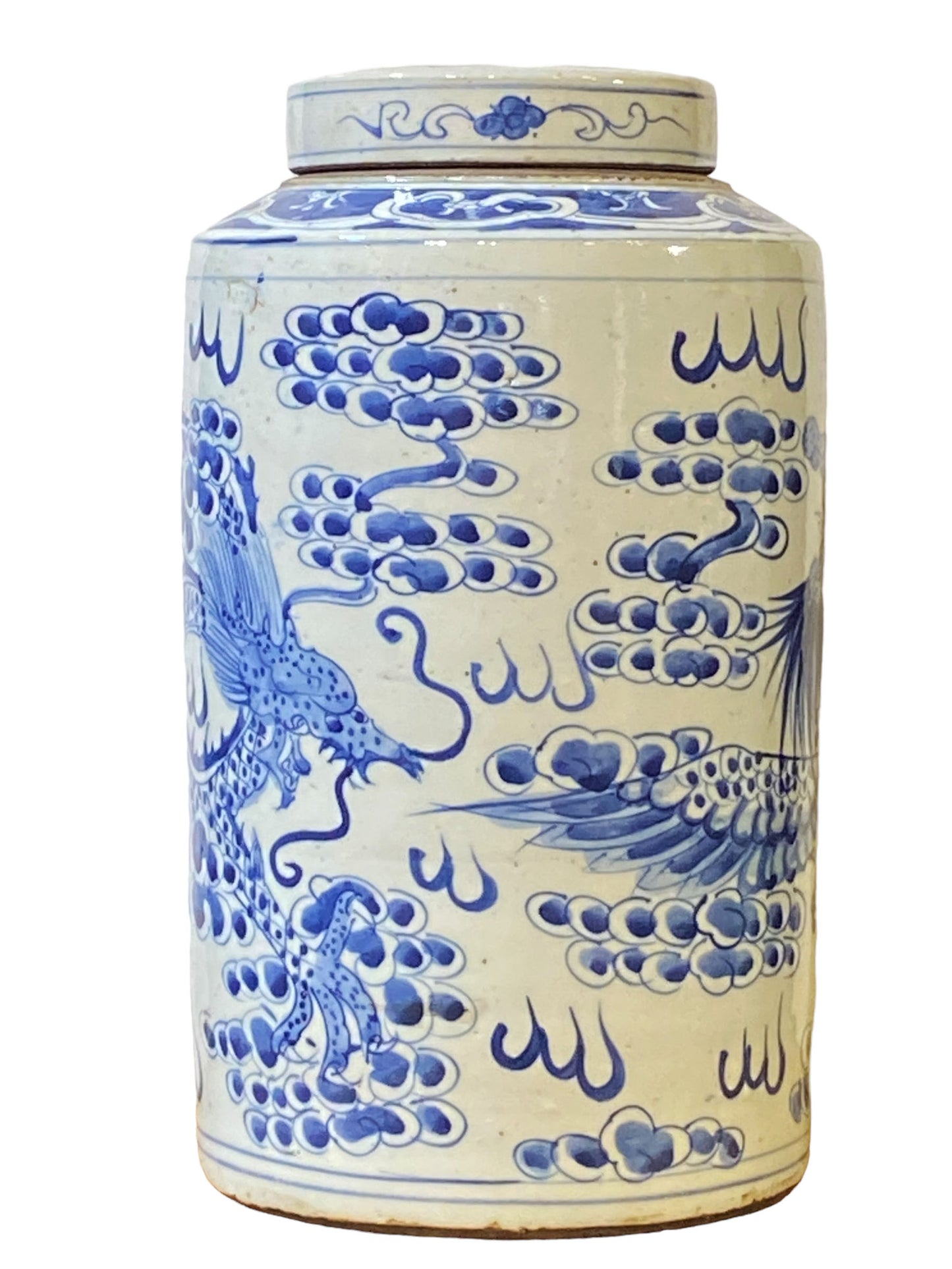 #3686 Chinoiserie Porcelain Blue and White Covered Dragon and Phoenix Ginger Jar 17"H