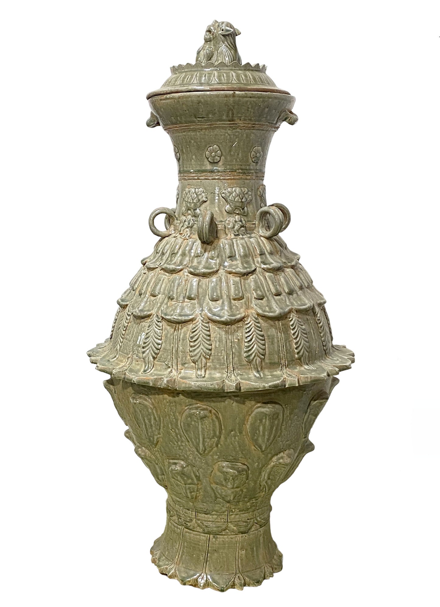 Large Chinoiserie Tang-Style Lotus Celadon Lidded Jar 36"H