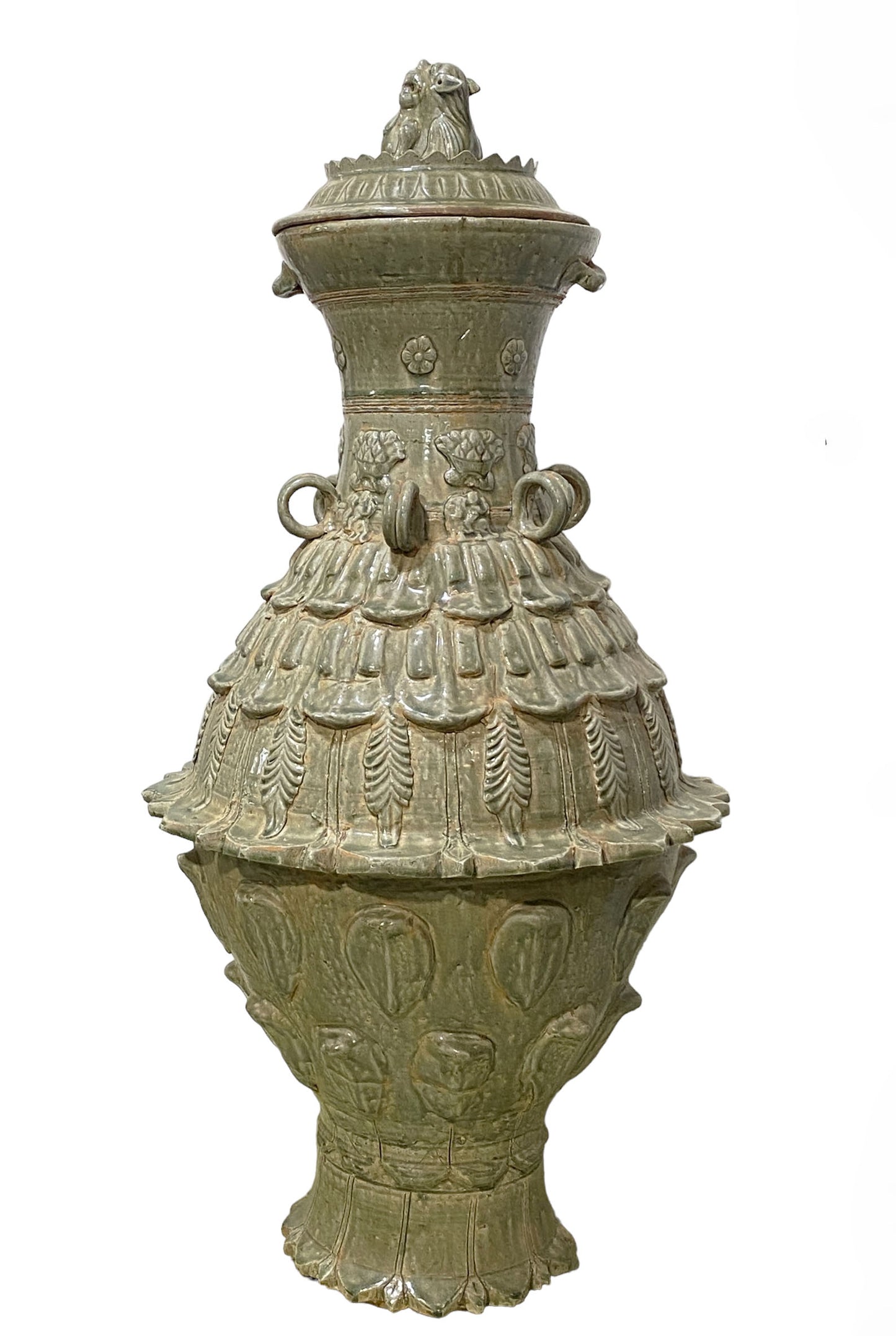 Large Chinoiserie Tang-Style Lotus Celadon Lidded Jar 36"H