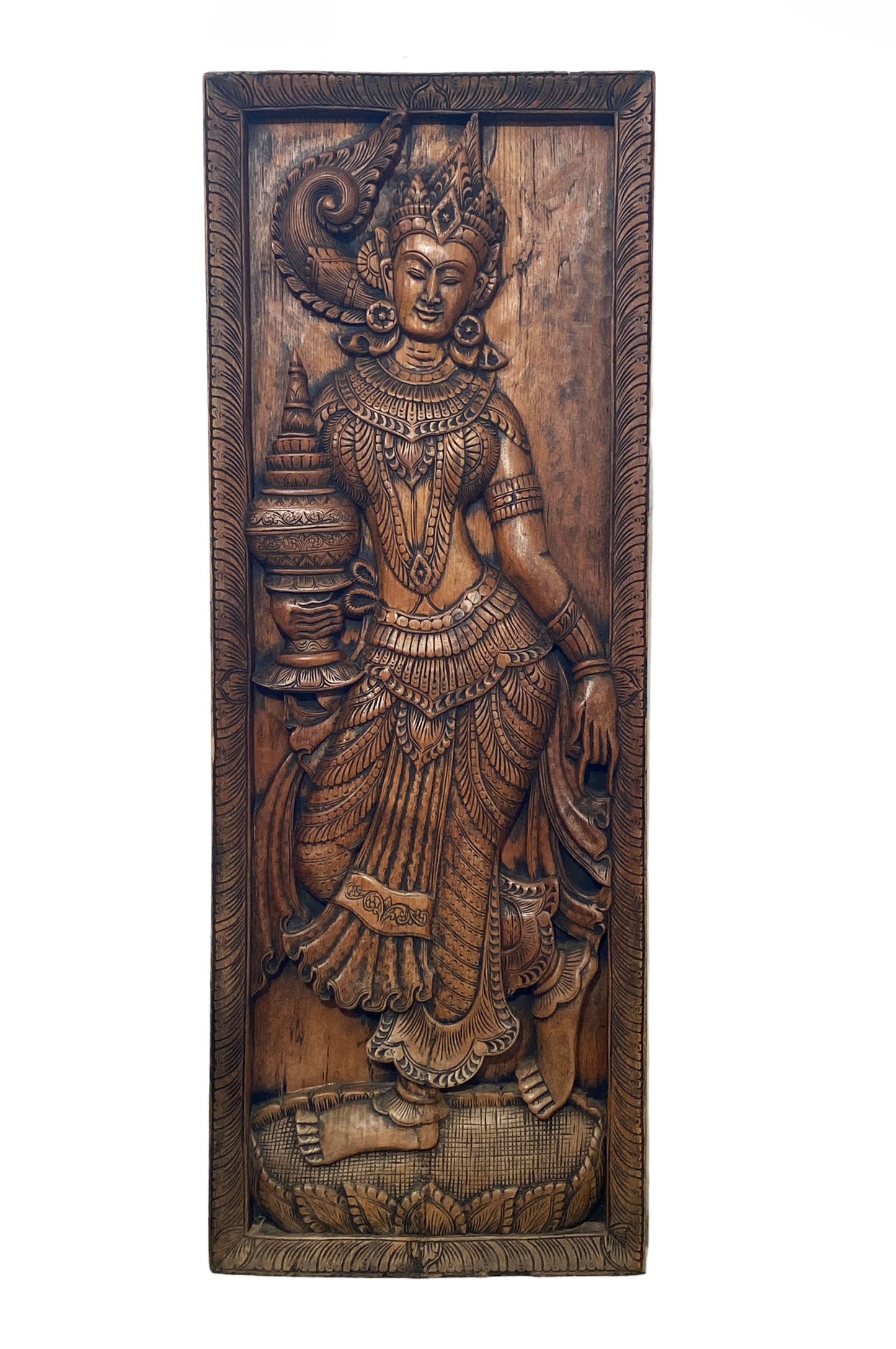 #302 Large Carved Thai Deity Teak Wood  Panel  48.25" H