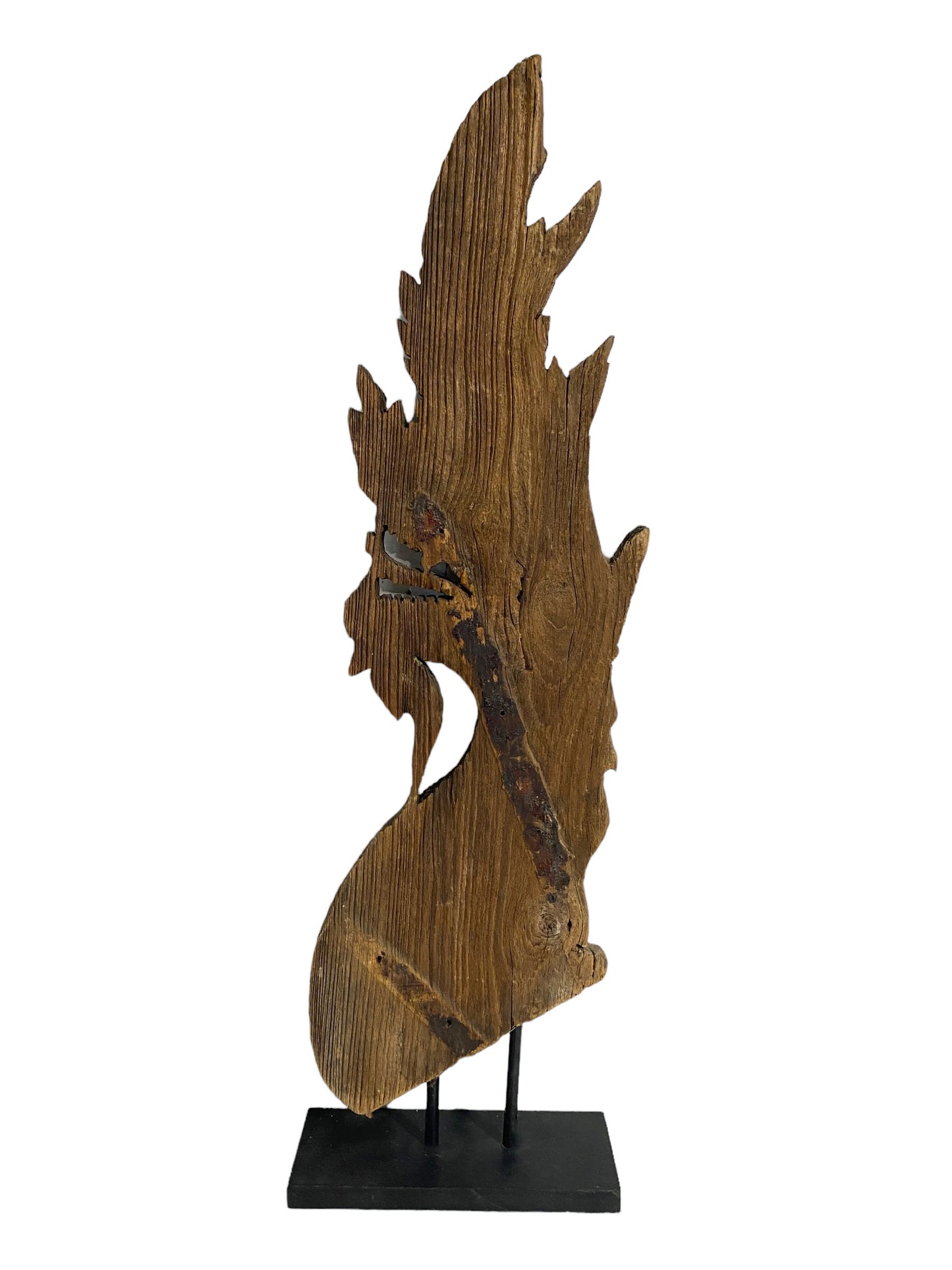 # 5774 19th Century Thai Wood Naga Roof Finial Sculpture on Iron Stand 33.5" H