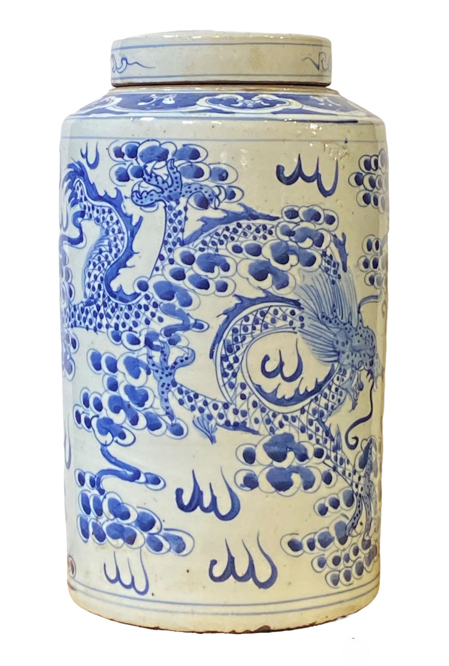 #3686 Chinoiserie Porcelain Blue and White Covered Dragon and Phoenix Ginger Jar 17"H