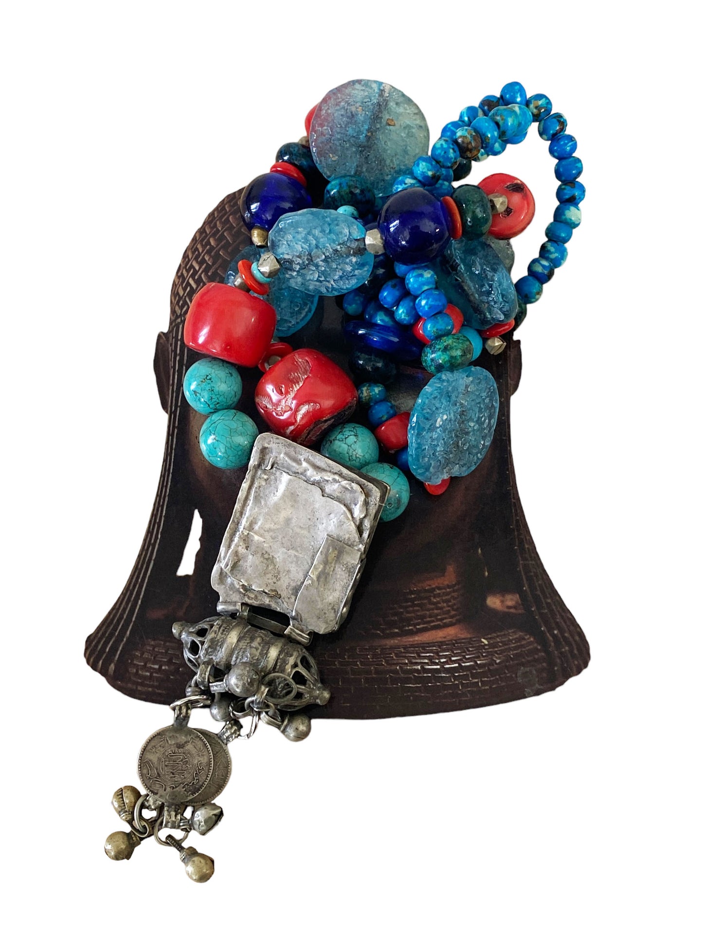 #5708 Tribal Afghan Necklace W/Coral wall Hanging 22.5" H