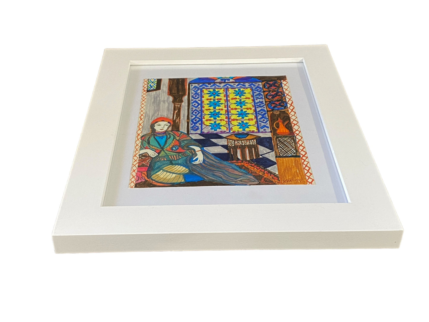 #5886 Acrylic Orientalist Painting on Paper Framed 12" by 10" By YJR