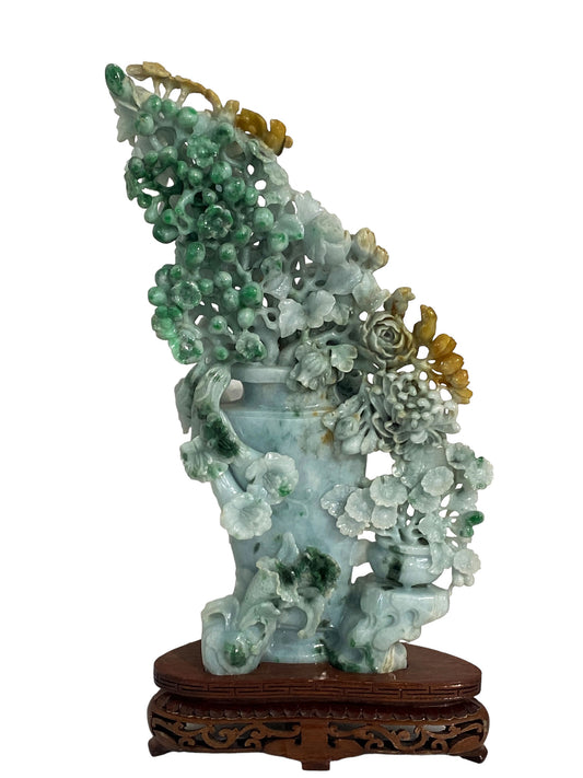 #1708 Stunning LG  Chinese Jadeite Jade Peonies Flowers   16" H
