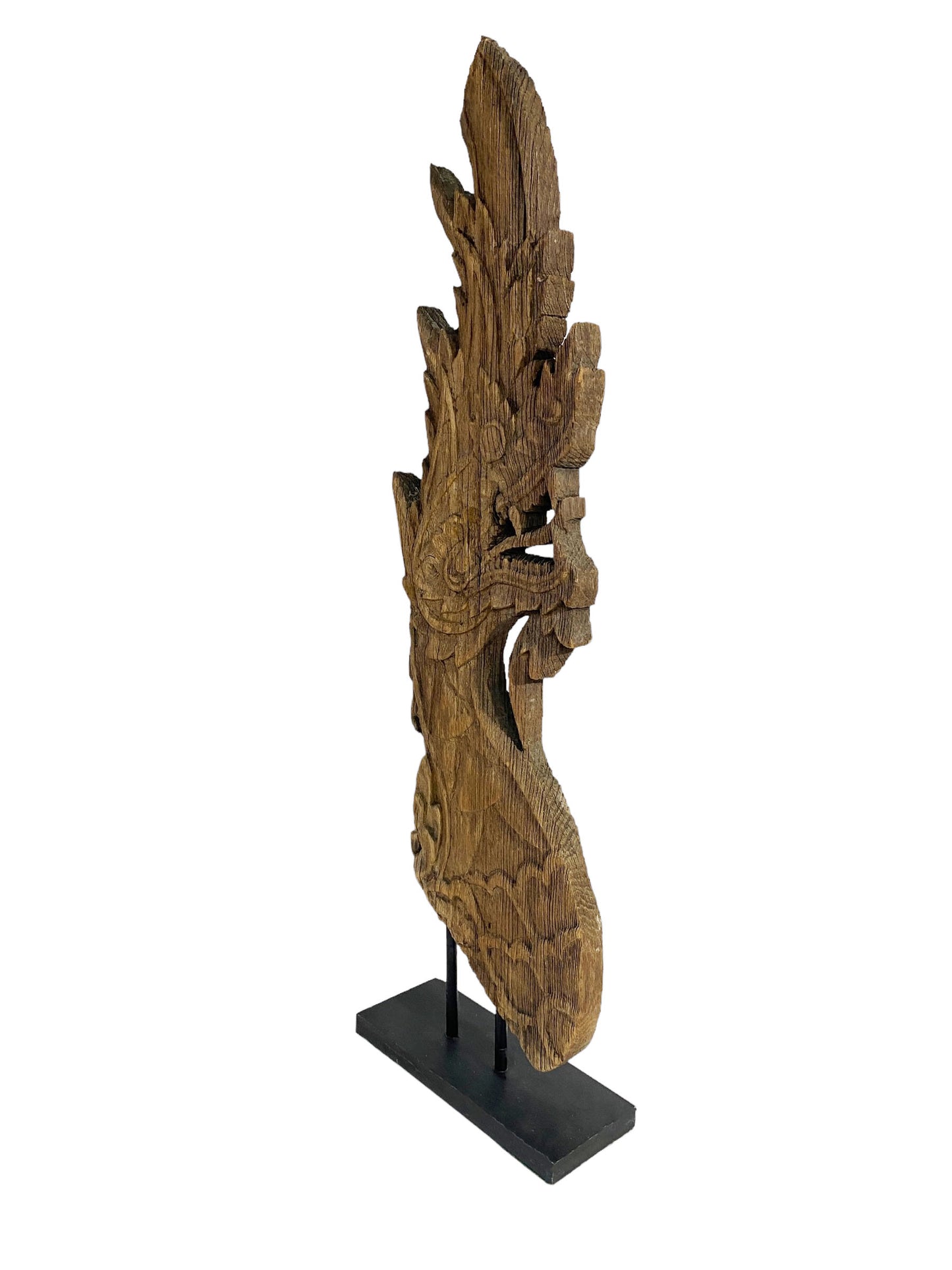 # 5774 19th Century Thai Wood Naga Roof Finial Sculpture on Iron Stand 33.5" H