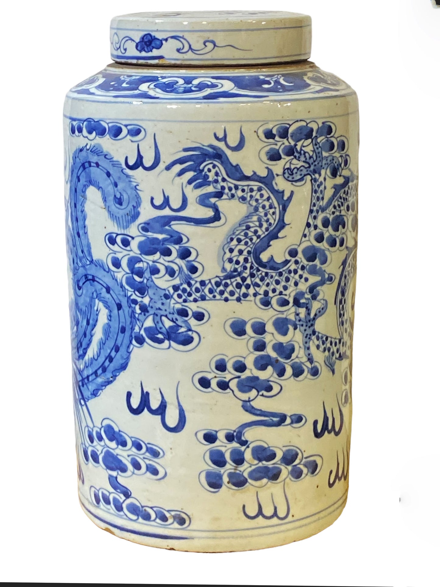 #3686 Chinoiserie Porcelain Blue and White Covered Dragon and Phoenix Ginger Jar 17"H