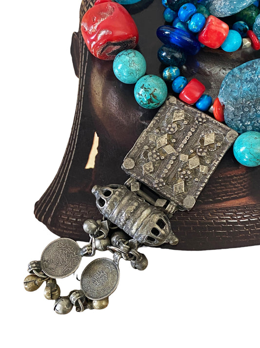 #5708 Tribal Afghan Necklace W/Coral wall Hanging 22.5" H