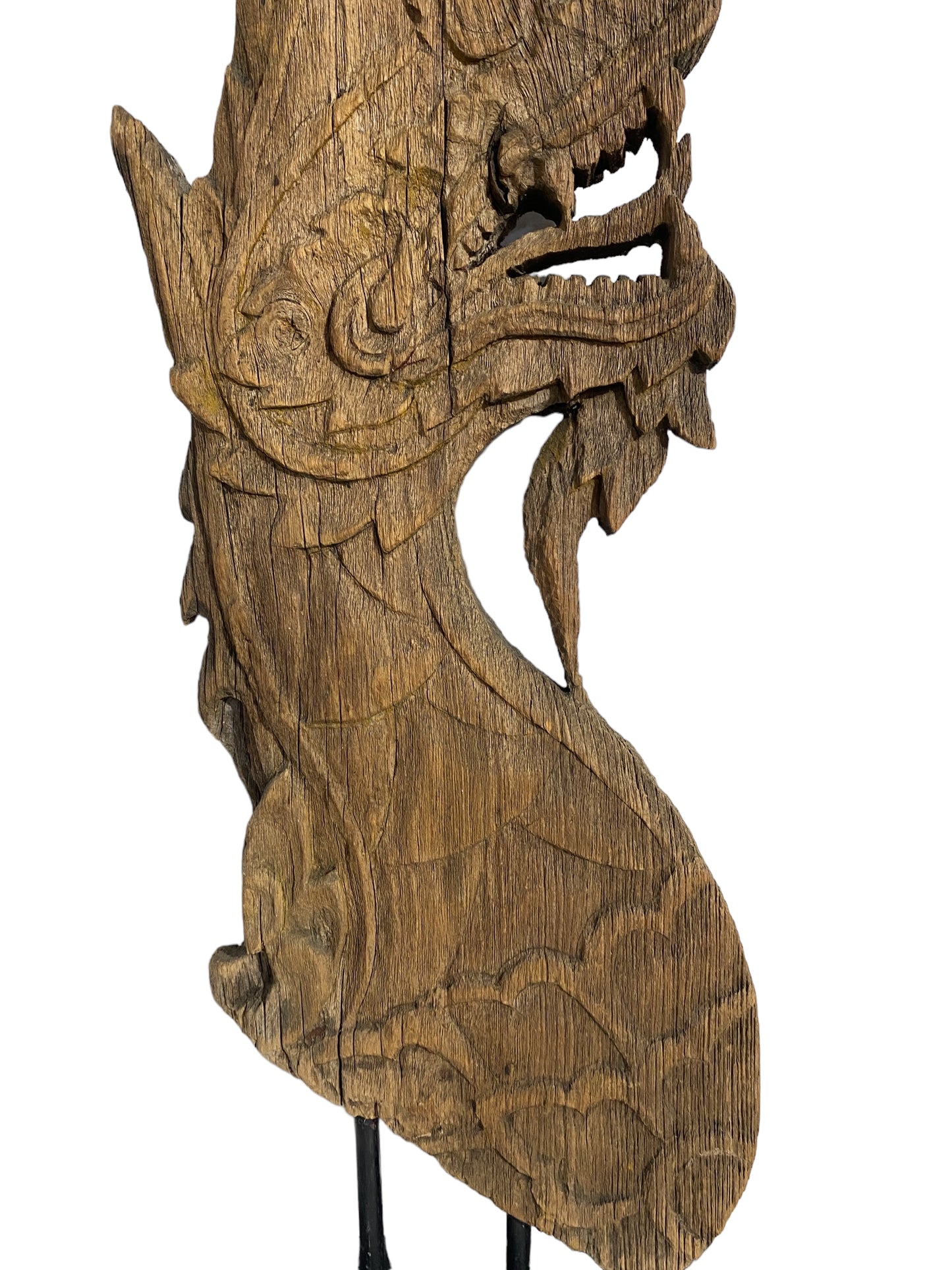 # 5774 19th Century Thai Wood Naga Roof Finial Sculpture on Iron Stand 33.5" H