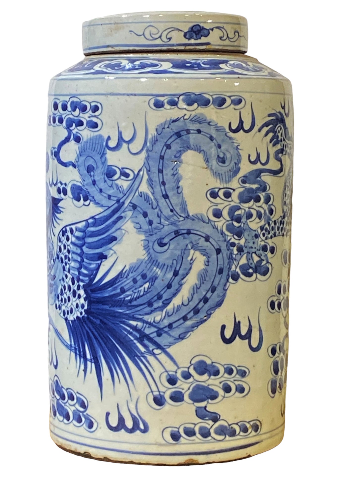 #3686 Chinoiserie Porcelain Blue and White Covered Dragon and Phoenix Ginger Jar 17"H