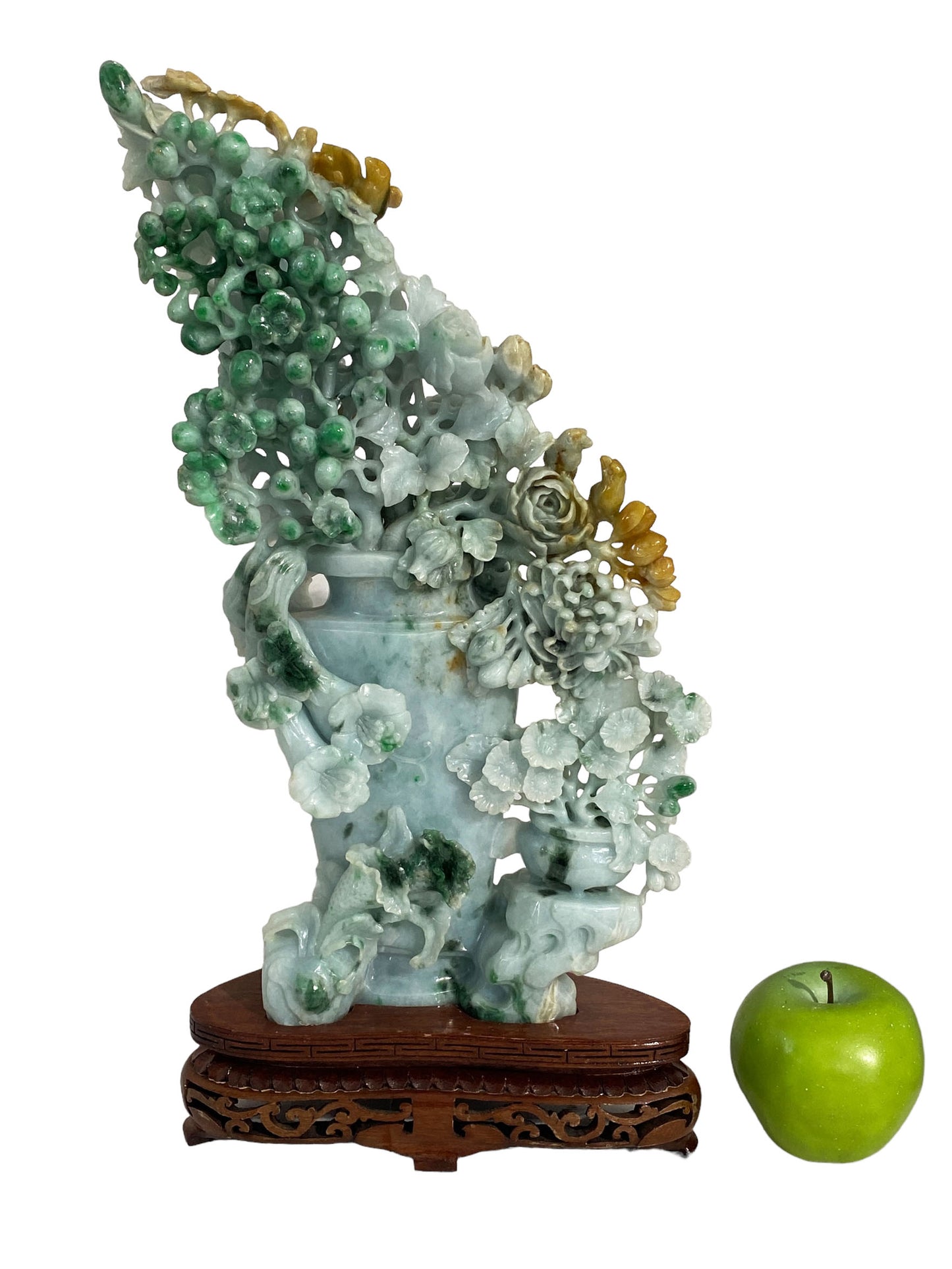 #1708 Stunning LG Chinese Jadeite Jade Peonies Flowers 16" H