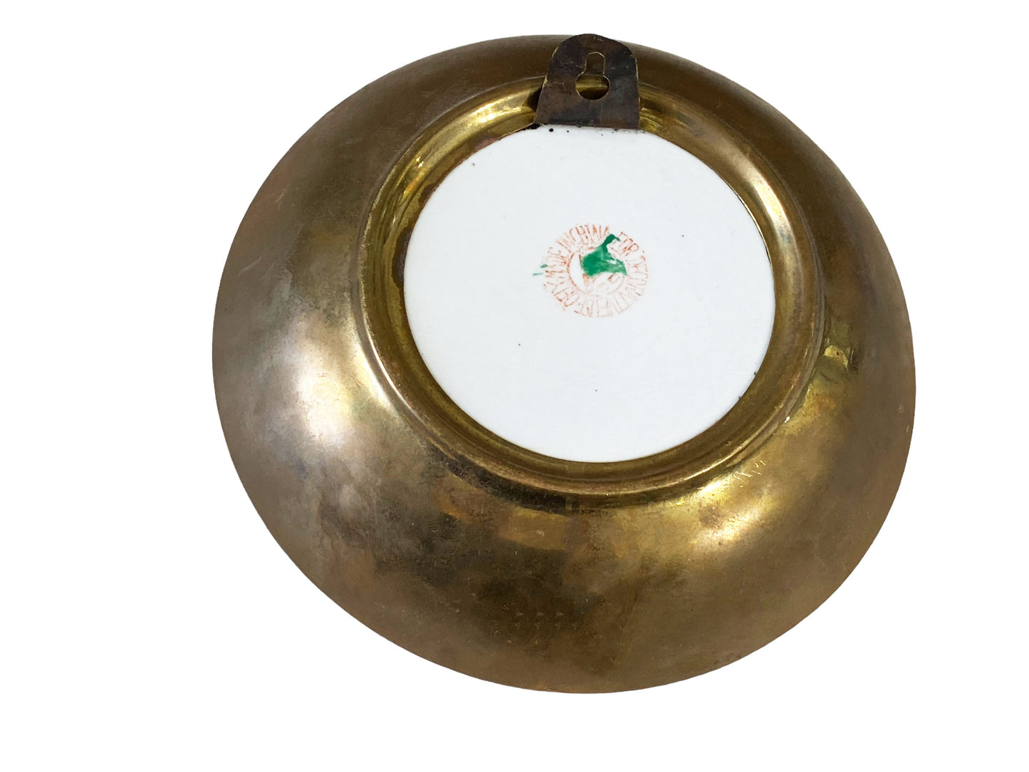 #5698 Vintage Chinoiserie Porcelain Bowl Tobacco Leaf & Peony With Brass back