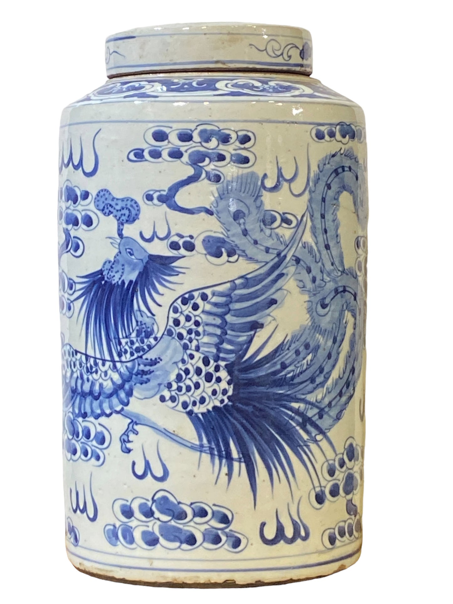 #3686 Chinoiserie Porcelain Blue and White Covered Dragon and Phoenix Ginger Jar 17"H