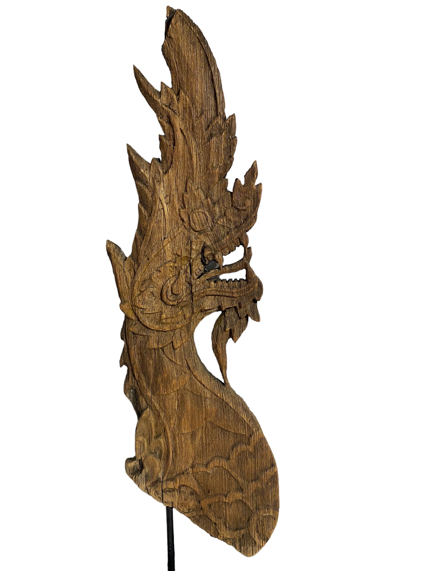 # 5774 19th Century Thai Wood Naga Roof Finial Sculpture on Iron Stand 33.5" H