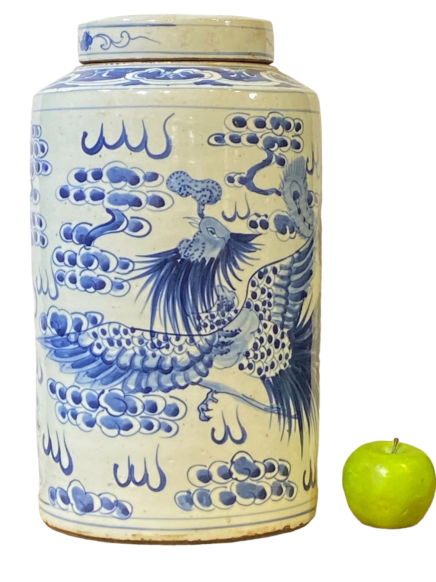 #3686 Chinoiserie Porcelain Blue and White Covered Dragon and Phoenix Ginger Jar 17"H