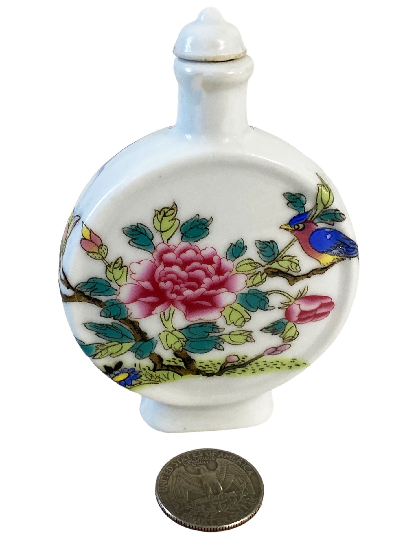 #4074 Vtg Chinoiserie Colorful Famille Rose Snuff Bottle 4.75" H W/Stand