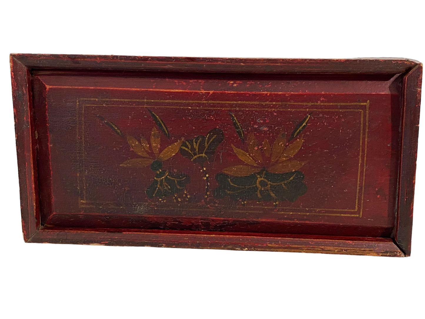#5693 Vintage Tibetan Wooden Box w/ Lotus Flowers