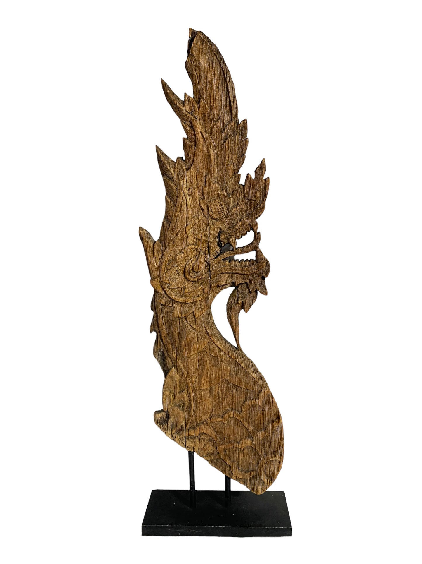 # 5774 19th Century Thai Wood Naga Roof Finial Sculpture on Iron Stand 33.5" H