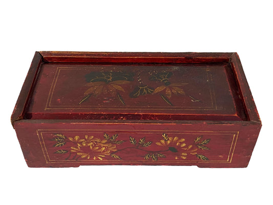 #5693 Vintage  Tibetan Wooden Box w/ Lotus Flowers