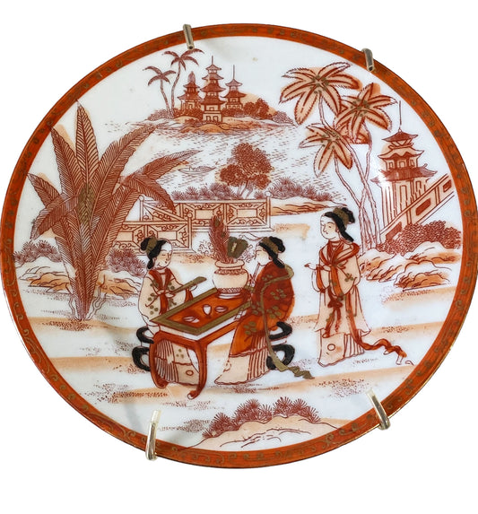 #5697 1930's  Kutani Japanese  Plate Figural Scene Iron Red