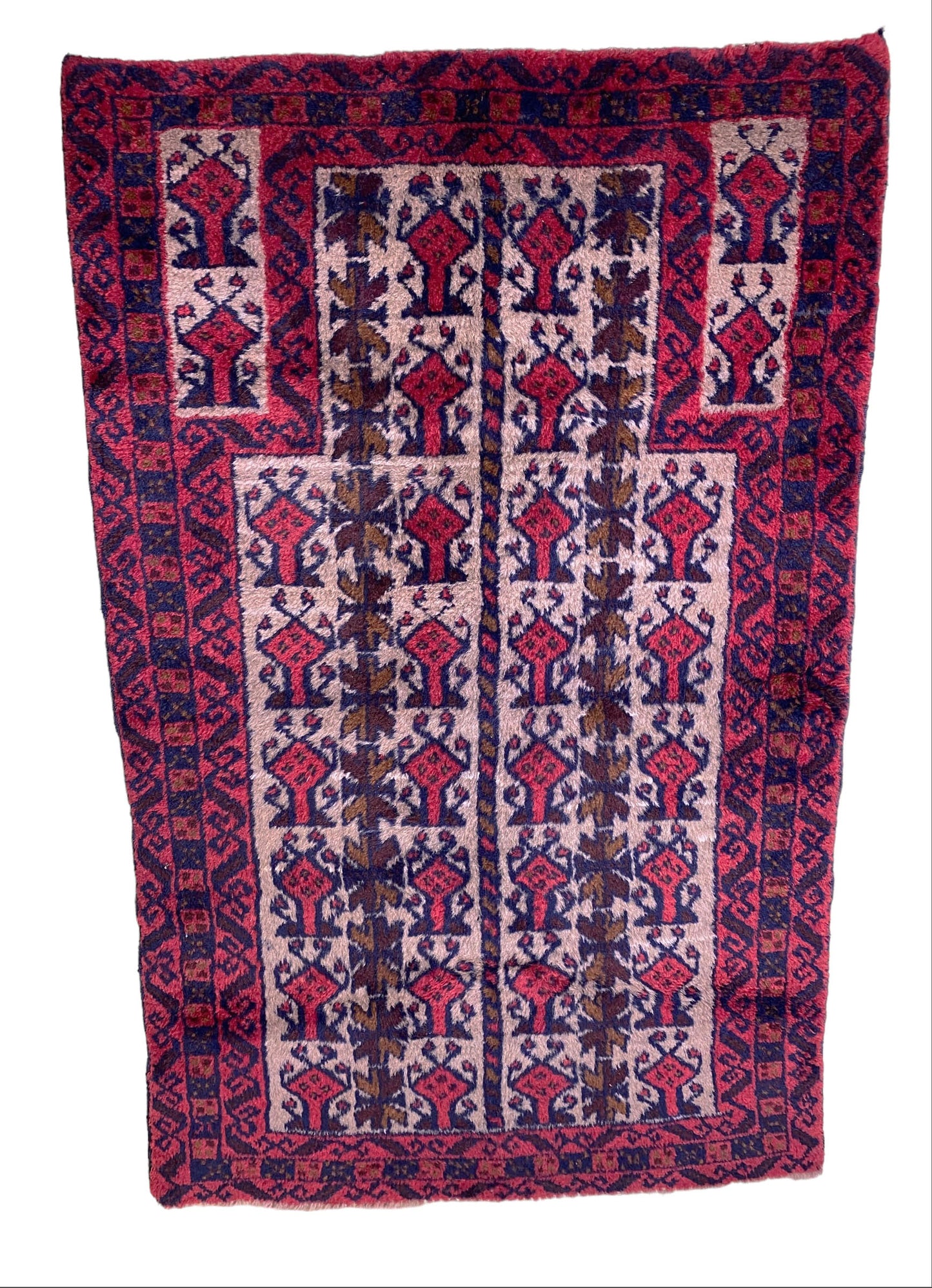 #7022 1950's Hand-knotted Afghan Baluch Prayer Rug, 2'75" by 4'5"