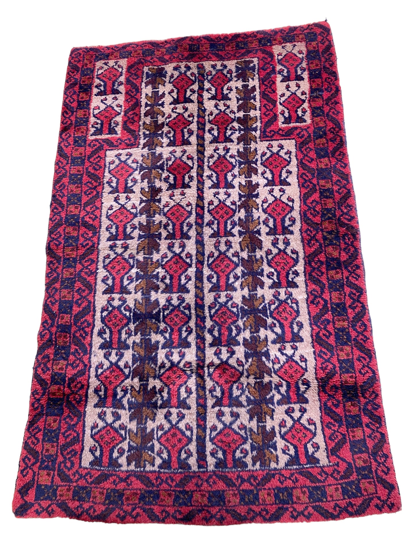 #7022 1950's Hand-knotted Afghan Baluch Prayer Rug, 2'75" by 4'5"