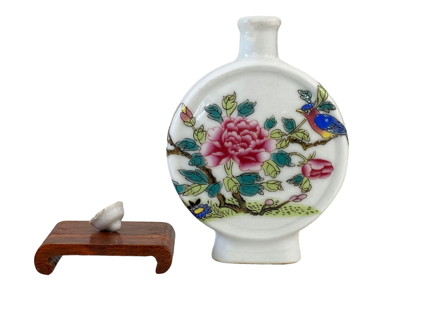 #4074 Vtg Chinoiserie Colorful Famille Rose Snuff Bottle 4.75" H W/Stand