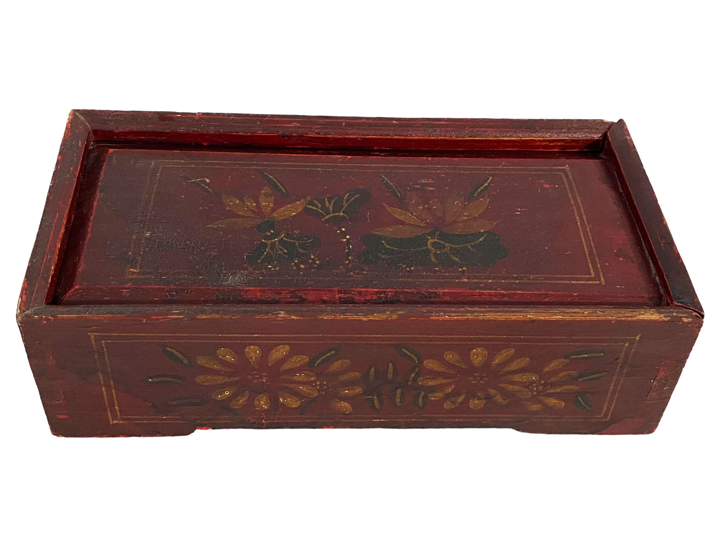 #5693 Vintage Tibetan Wooden Box w/ Lotus Flowers