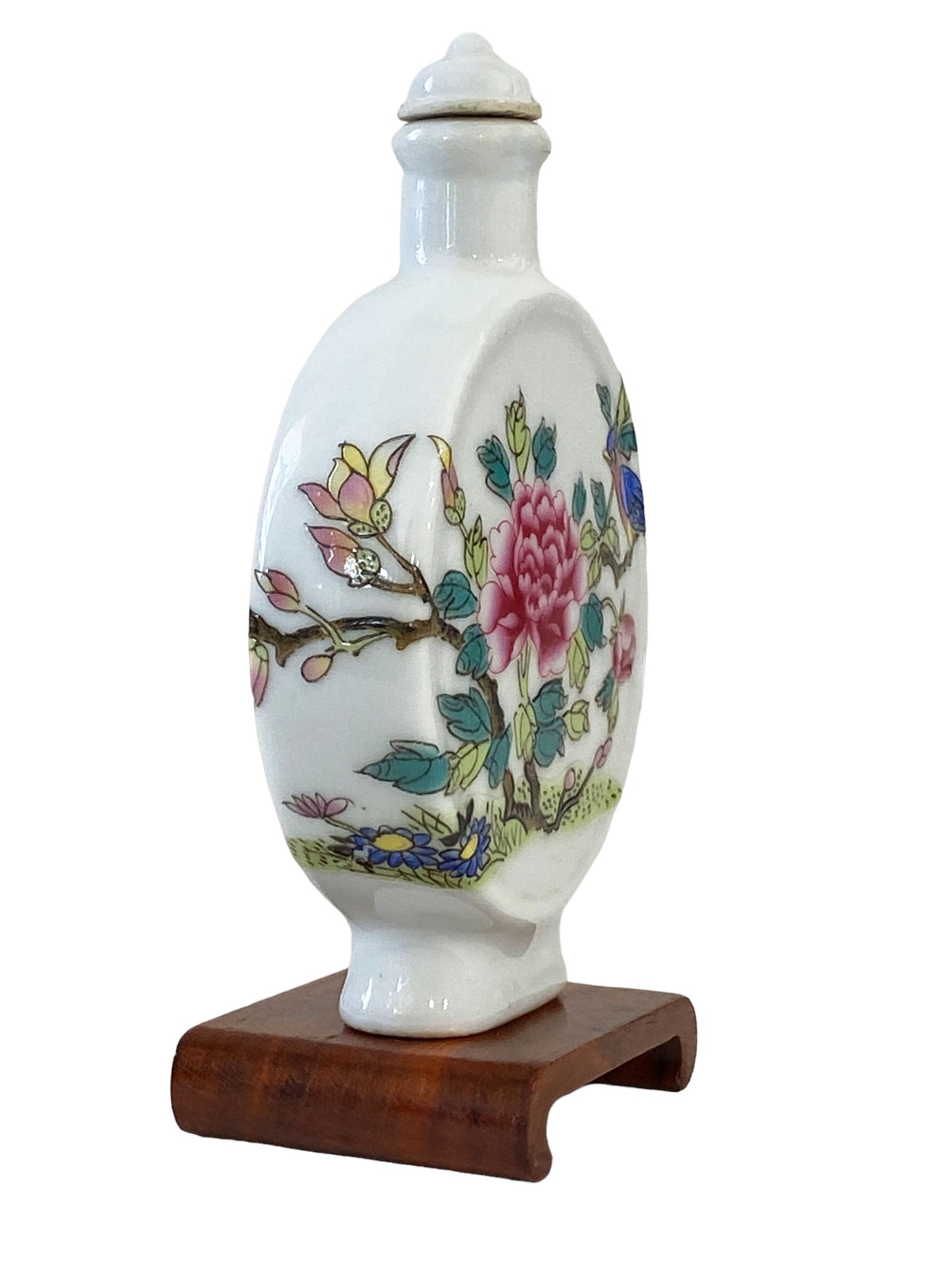 #4074 Vtg Chinoiserie Colorful Famille Rose Snuff Bottle 4.75" H W/Stand