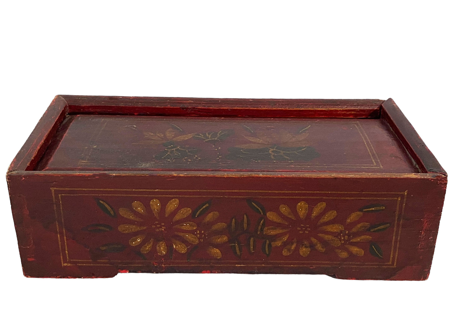 #5693 Vintage Tibetan Wooden Box w/ Lotus Flowers