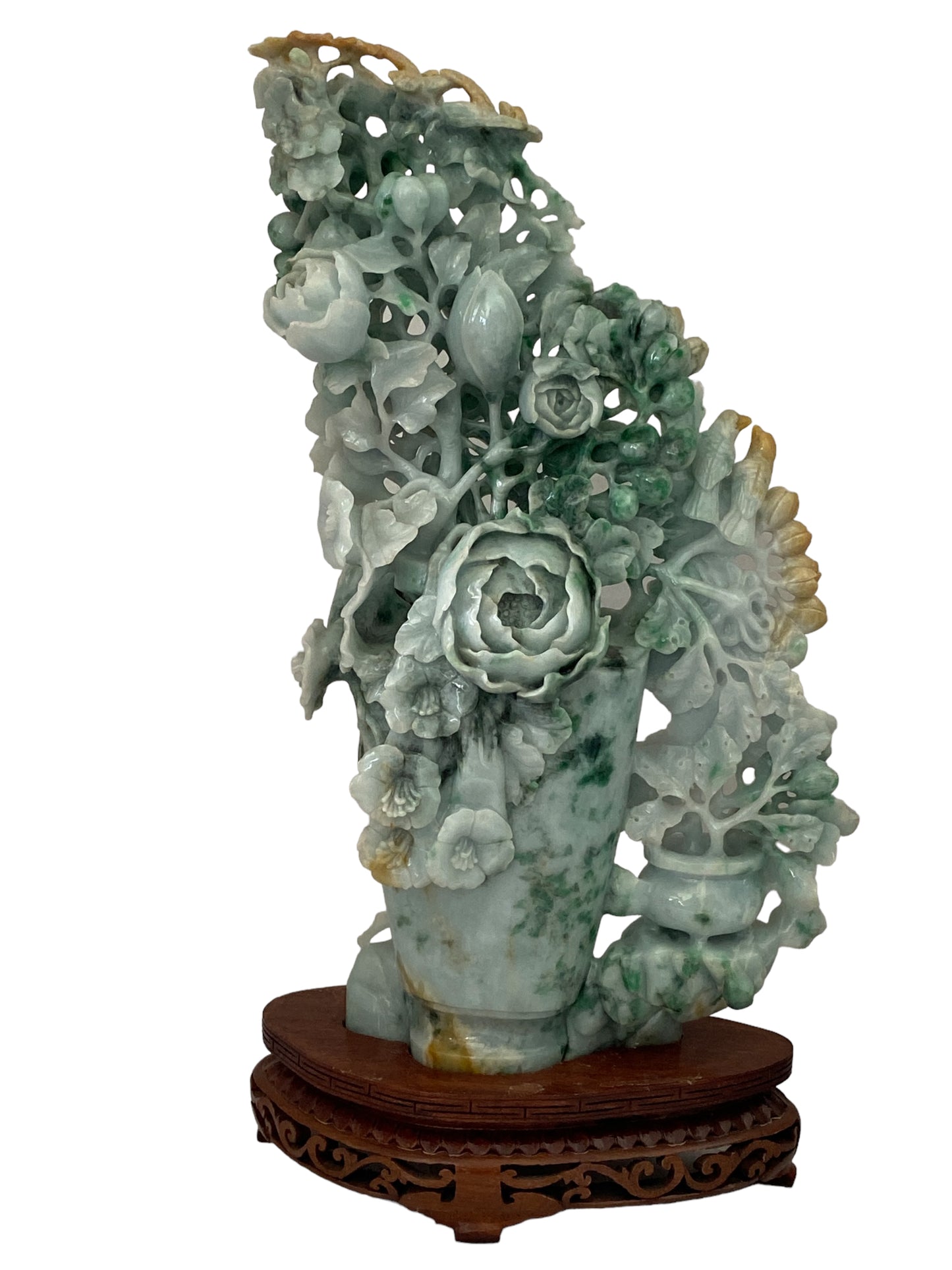 #5589 Stunning LG  Chinese Jadeite Jade Peonies Flowers   16" H