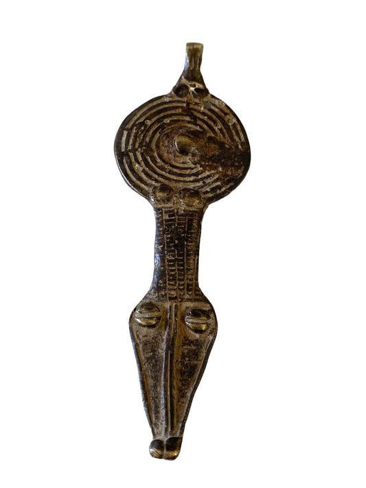 #5676 Vintage Gan Bronze Amulet Pendant of Ornate Serpent Burkina Faso