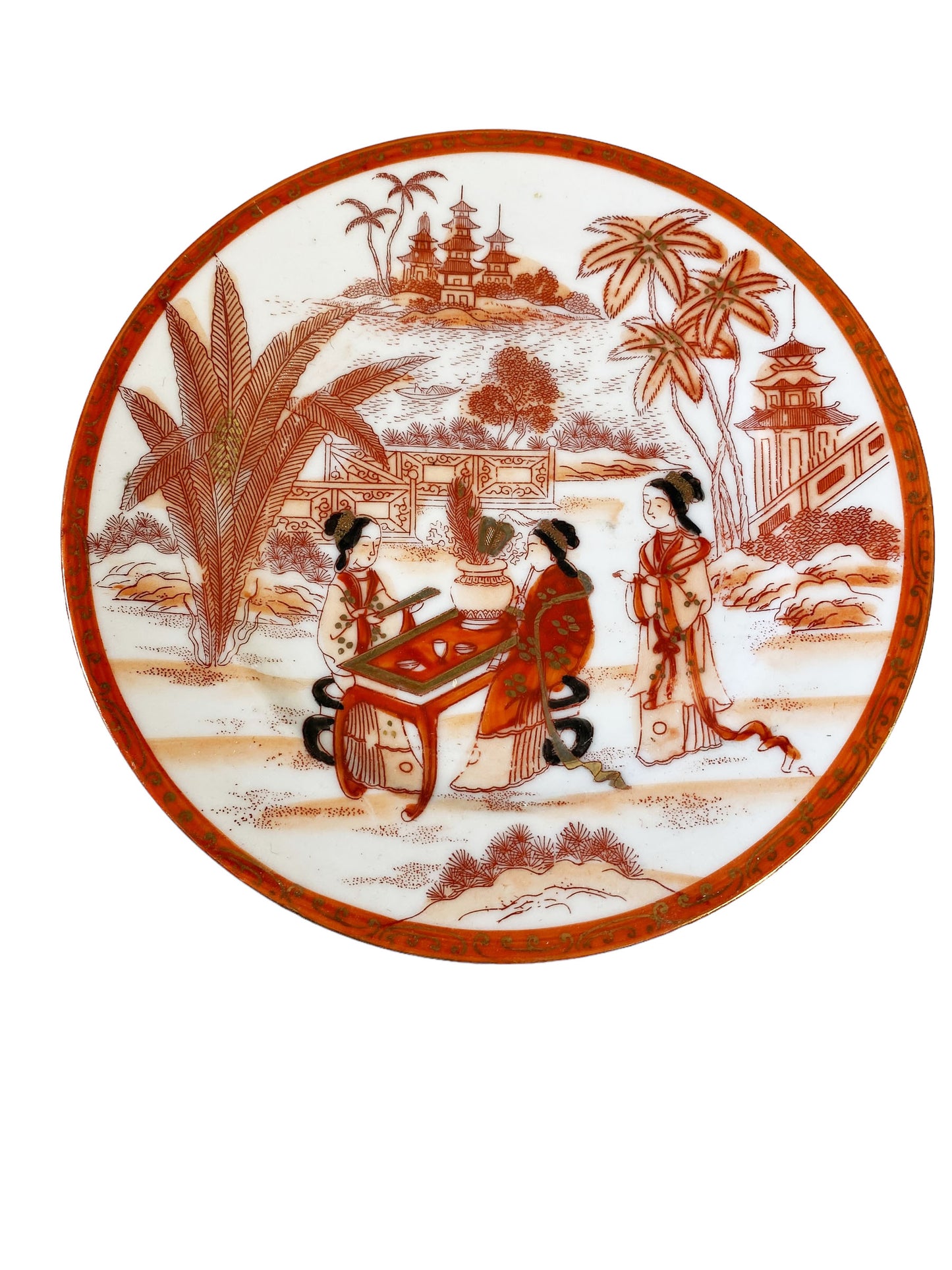 #5697 1930's  Kutani Japanese  Plate Figural Scene Iron Red