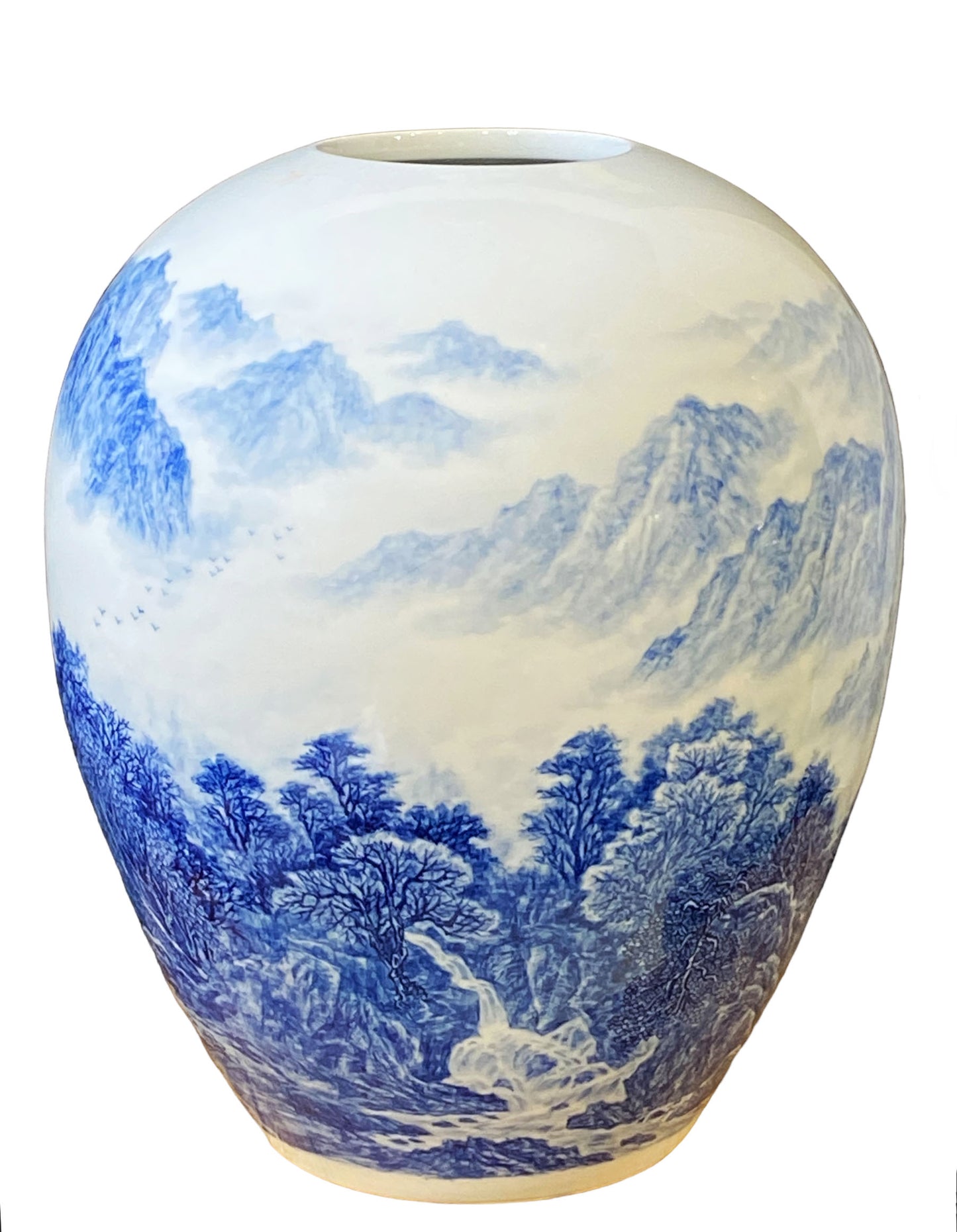 #5786 Chinoiserie Egg Shaped Blue and White Vase 16" H