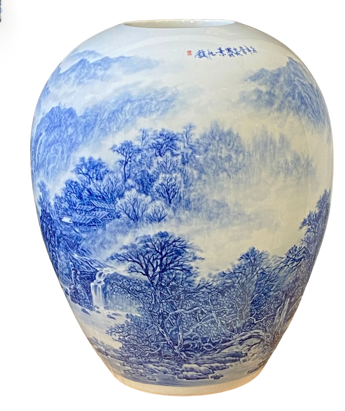 #5786 Chinoiserie Egg Shaped Blue and White Vase 16" H