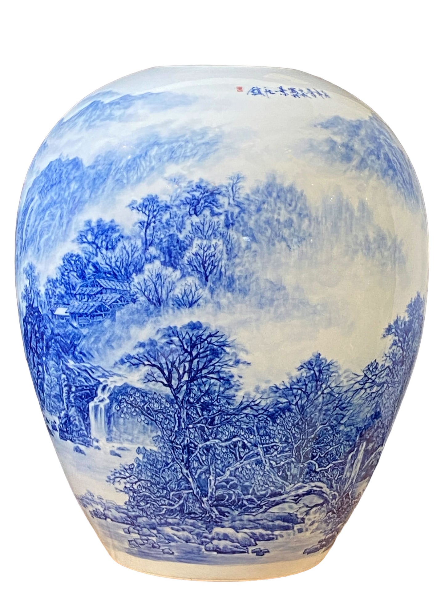 #5786 Chinoiserie Egg Shaped Blue and White Vase 16" H