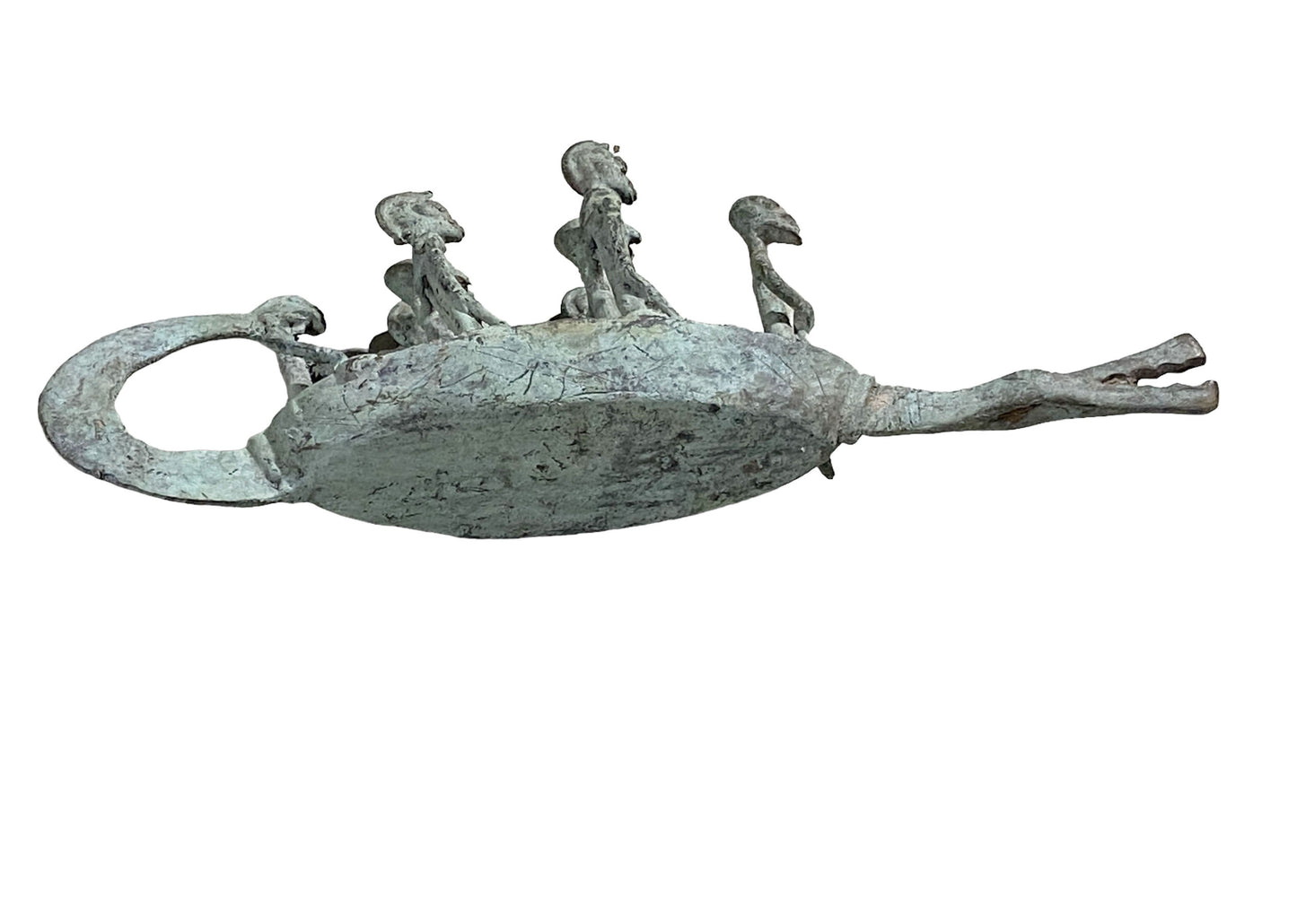 #7220 Large Dogon Bronze Pirogue Crocodile Boat W/ figures , Mali 16" W