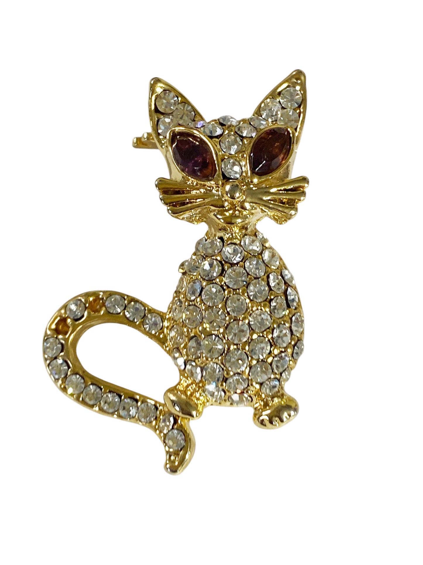 #6303 Vintage Pave clear Rhinestone Cat Brooch Gold Toned Costume Jewelry