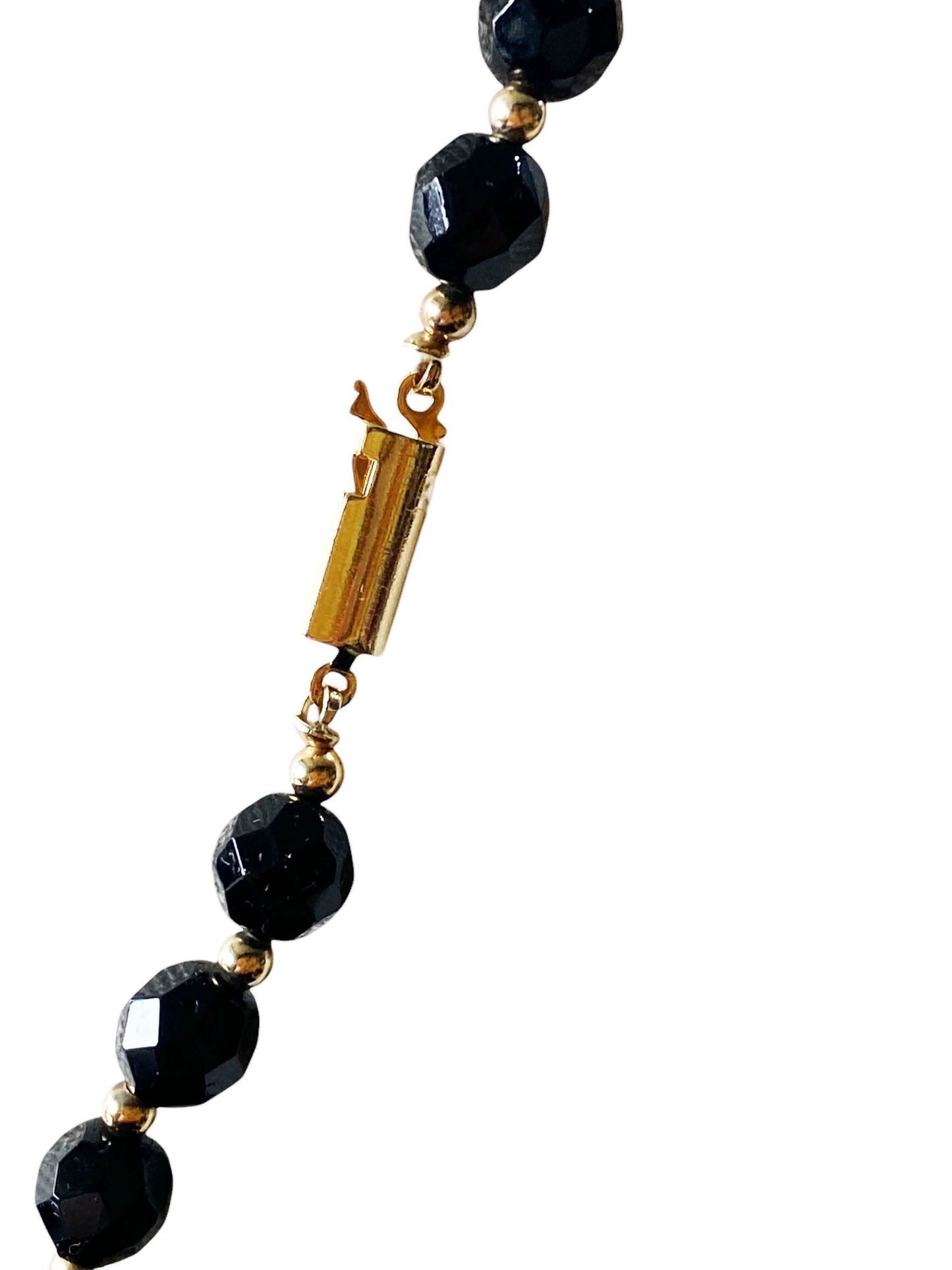 #6389 Vintage Bohemian Black Czech Faceted Crystal and Gold Beaded Necklace