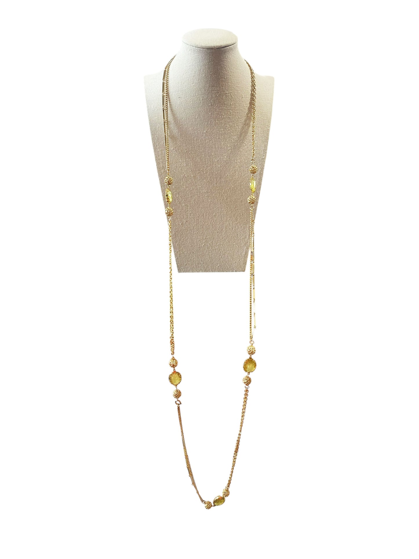 #6392 Vintage Gold tone and Greens Faux Citrine Long Necklace 26" H