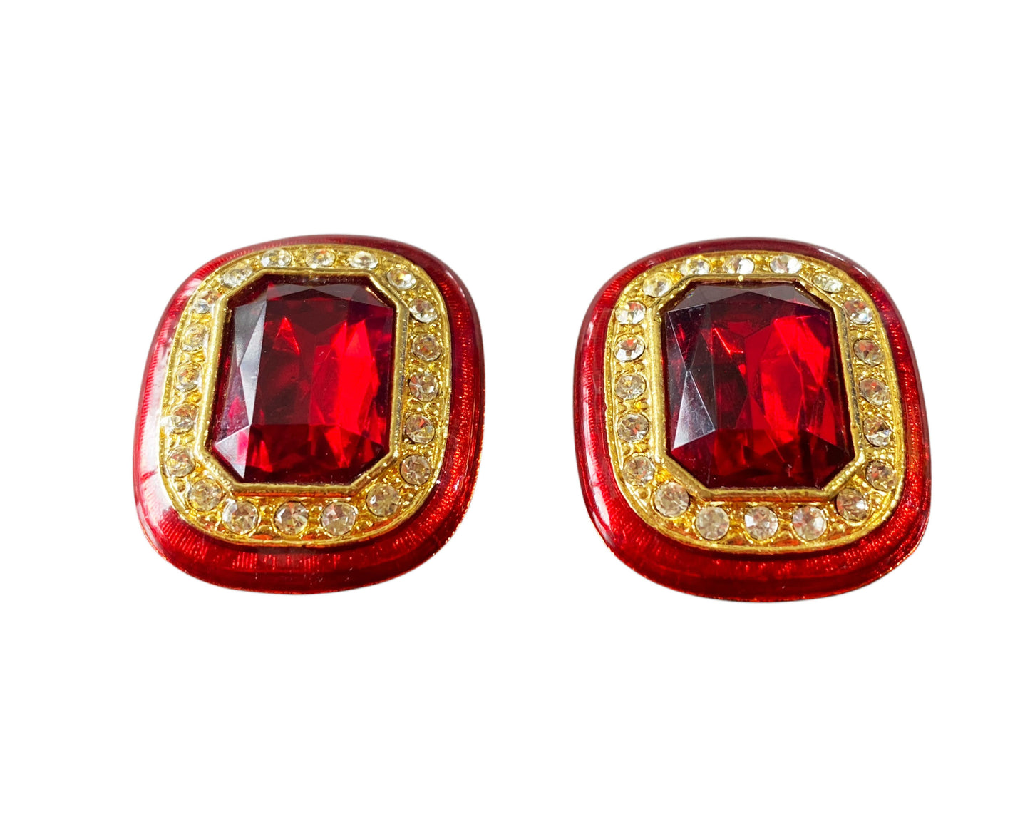 #6393 Vintage Red Enamel And Faux Ruby /Clear Rhinestone Clip on Earrings