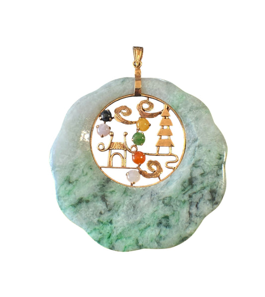#3968 Mid Century 14 k Gold Jadeite Jade Carved Pendant W/Pagoda Marked