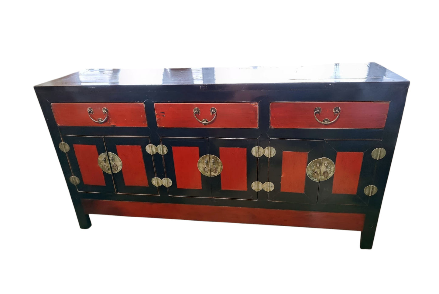 #6461 Vintage Mongolian Hand painted Elm Wood Cabinet W/ Six Doors