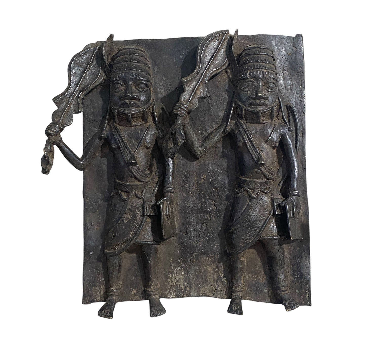 #3877 Vintage  Large African Benin Bronze Plaque W/ Warriors 18.25" H