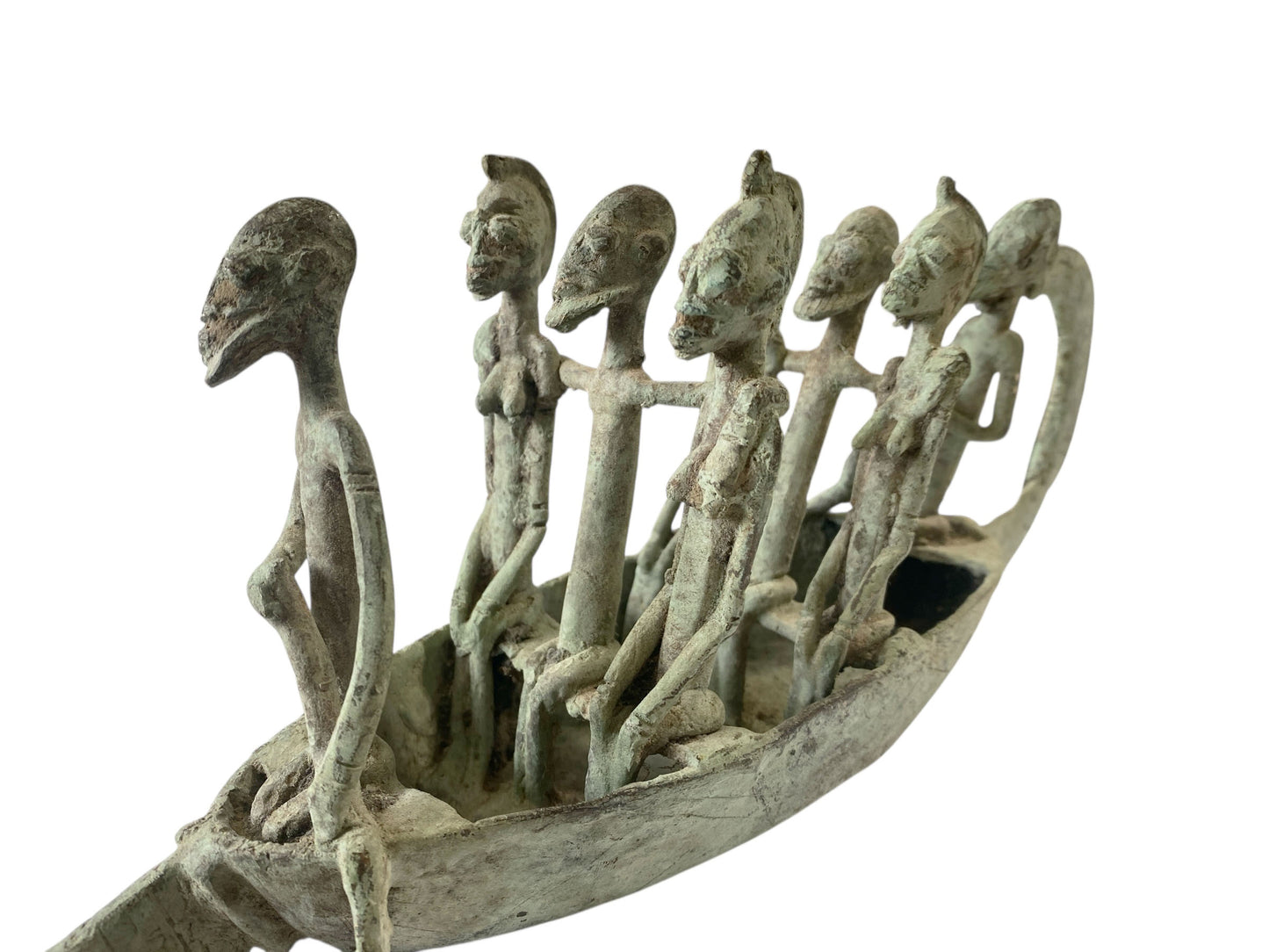 #7220 Large Dogon Bronze Pirogue Crocodile Boat W/ figures , Mali 16" W