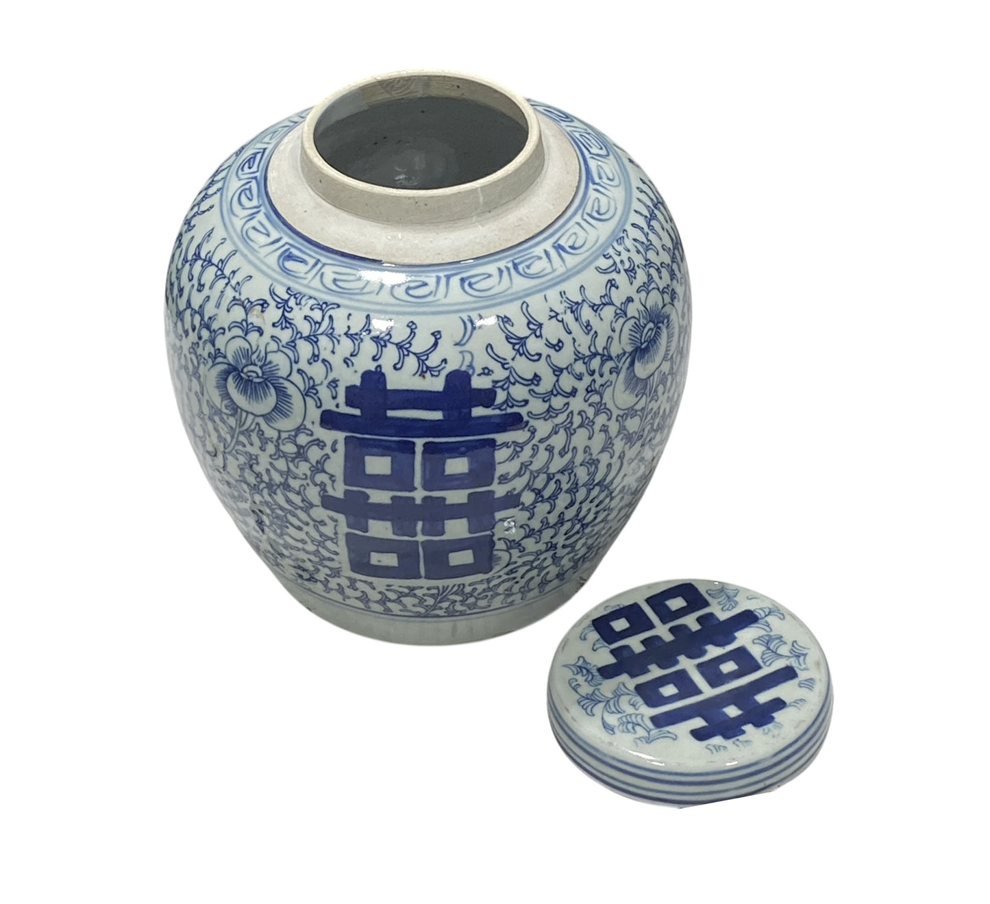 #253 Chinese Vintage Double Happiness Blue and White Porcelain Ginger Jar 9" H