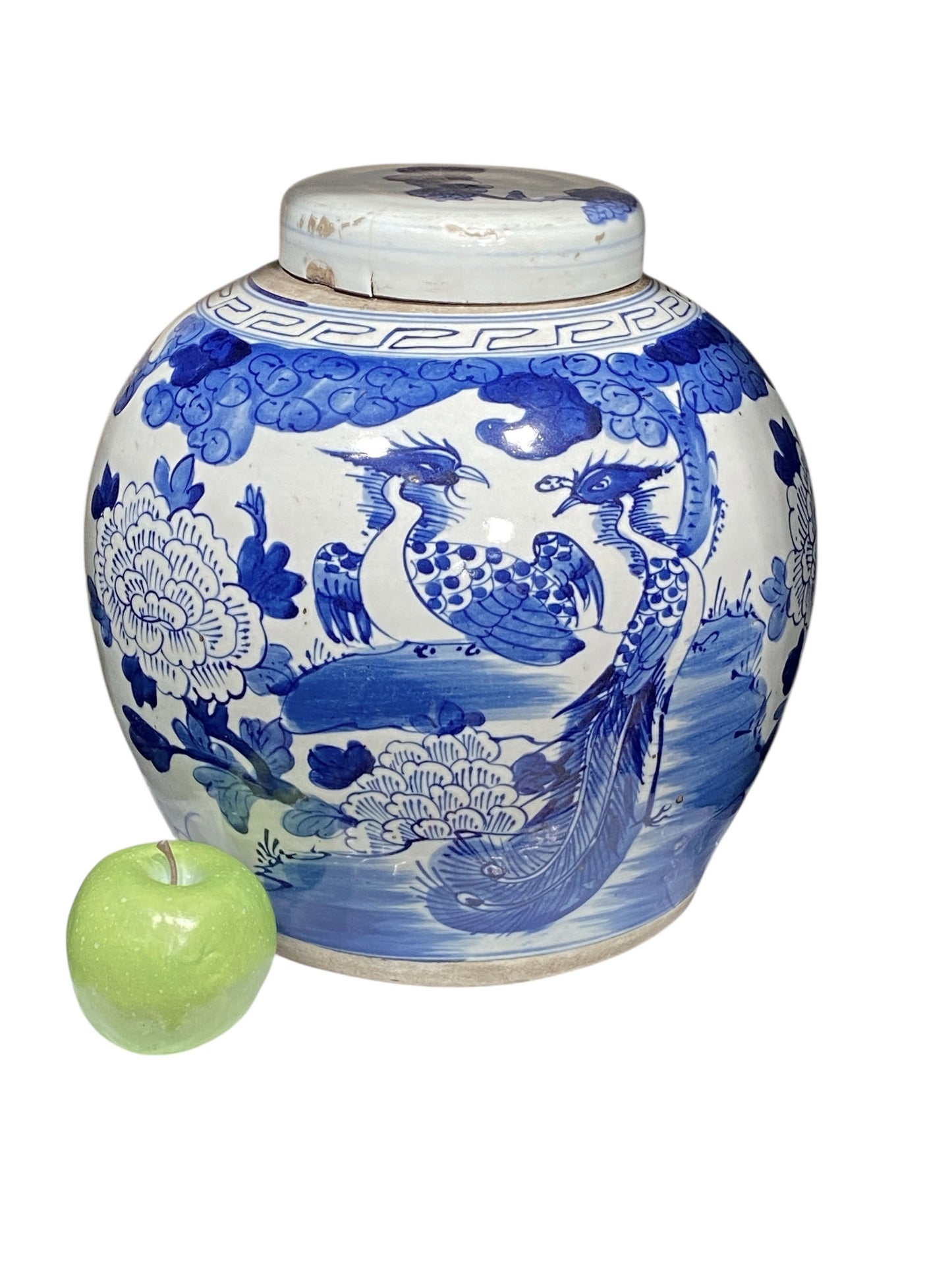 #2319 Vintage Chinese LG B & W Phoenix Porcelain Ginger Jar 11.5"